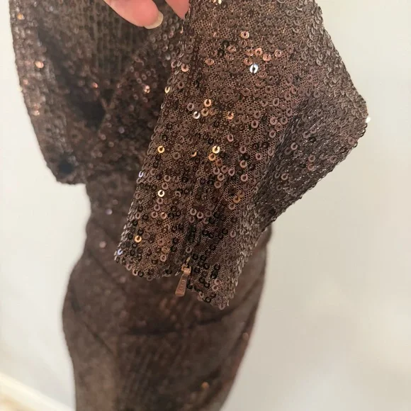 IEENA Mac Duggal Chocolate Brown Sequins Embellished Long Sleeve High Slit Gown